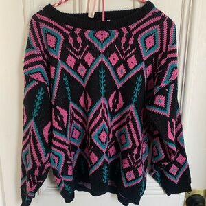 Vintage Geometric Patterned Knit Sweater - Pink and Black